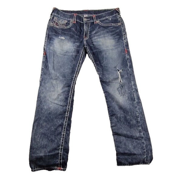 True Religion Men’s Jeans 38 Slim Flap Pockets Red Stitch Blue Baggy Y2K Style - Picture 1 of 13